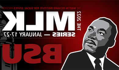 Graphic announcing the 2022 MLK series Jan. 17-27 with an image of Martin Luther King Jr.