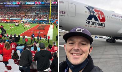 Casey Florence in front of jet and side shot of field during Super Bowl 
