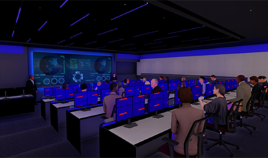 A rendering of the planned cyber range, showing users at computer desks with an instructor by monitors in the front of the room